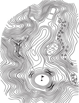Topographic map of golf course with contour lines and flag hole icon for navigation and sport design plan.