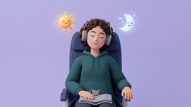 Woman sitting in airplane seat with headphones sleeping. Travel concept of jet lag with sun and moon icons above. Tired passenger trying to rest during flight and change of time zone.