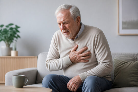An older man is sitting on a couch, clutching his chest in apparent pain or distress indoors.