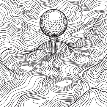 Golf ball resting on tee with intricate topographic contour lines forming landscape background vector design.