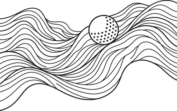 Golf ball moving over abstract waving contour lines representing motion and terrain in topographic map style.