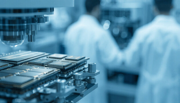 Modern laboratory microchip engineer technology factory research industry production circuit manufacturing cleanroom electronic hardware innovation development science worker precision equipment