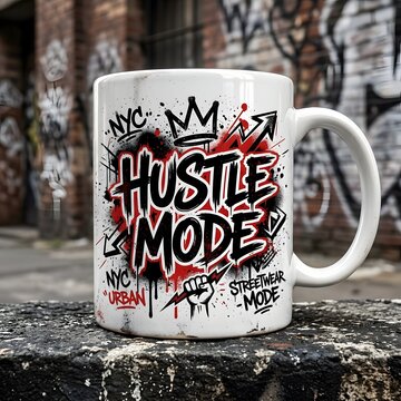 White ceramic coffee mug featuring bold black and red graffiti style text reading hustle mode set against blurry urban background