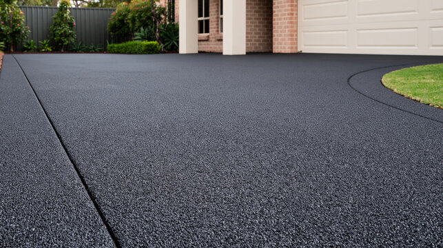 Freshly paved dark grey resin bound driveway outside a modern suburban home. Perfect for real estate and exterior renovation concepts.