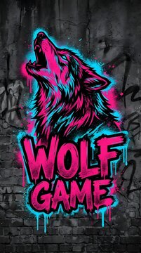 Howling wolf head illustration featuring vibrant neon pink and bright blue spray paint aesthetics on a dark textured brick wall