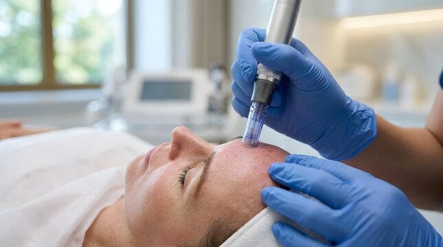 Professional microneedling skin treatment on face in medical clinic.