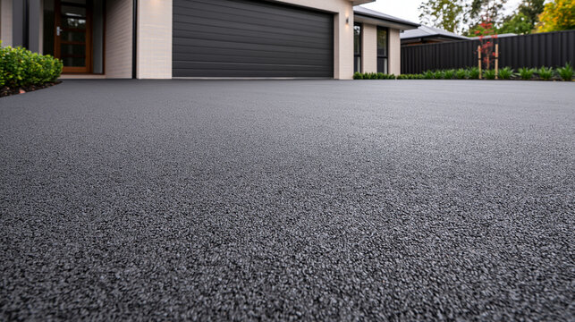 A modern residential home with a dark grey textured aggregate driveway. Ideal for real estate and home renovation concepts.