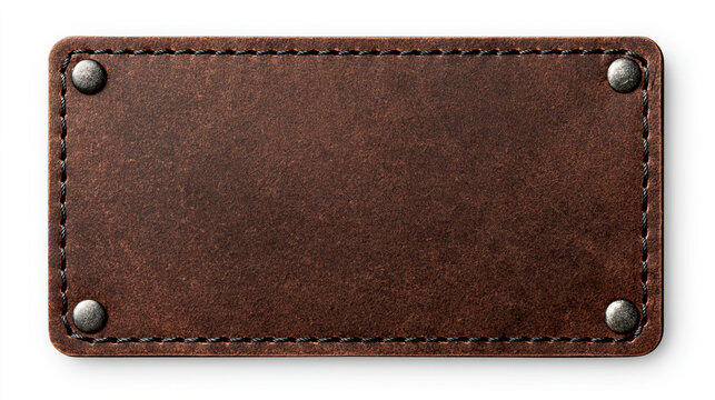 Blank brown leather patch with stitching and metallic rivets isolated on white background. Ideal for clothing and jeans branding mockups.