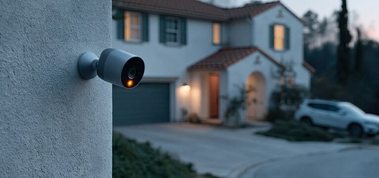A modern smart security camera with illuminated indicators monitoring a suburban home exterior at twilight, highlighting advanced safety technology and dependable neighborhood surveillance.