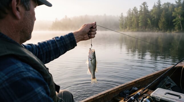 Man holding a caught fish on a fishing line while sitting in a boat on a foggy lake. Morning outdoor recreation and hobby.