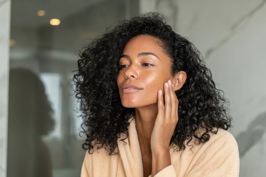 Radiant skincare moment featuring a woman with textured curls applying serum in a bright modern bathroom