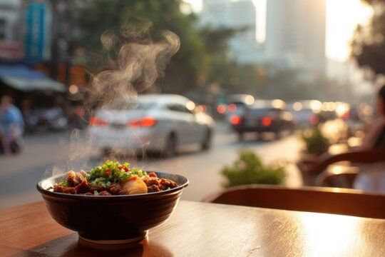 Warm evening street food scene featuring a steaming malatang bowl on an outdoor table with a softly blurred urban background