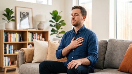 Fototapeta premium Man sitting on sofa practicing mindfulness and breathing exercise. Calming technique to reduce anxiety and stress. Mental health support and self-care in home environment for relaxation.