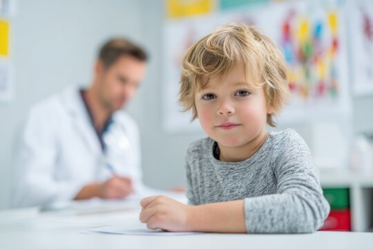 Pediatric checkup scene featuring a child with a visible skin rash in a modern clinic, illustrating healthcare and medical education