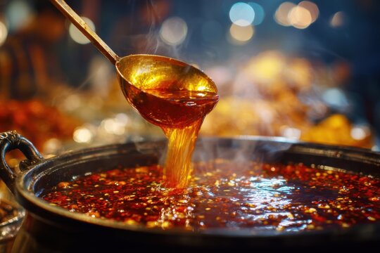 Macro food scene featuring a ladle pouring vibrant chili oil into a malatang pot with a glossy, richly flavored broth