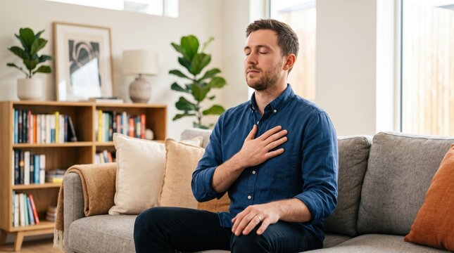 Man sitting on sofa practicing mindfulness and breathing exercise. Calming technique to reduce anxiety and stress. Mental health support and self-care in home environment for relaxation.