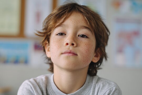 Pediatric healthcare scene showing a child with a mild facial rash in a calm examination room with a softly blurred clinical background