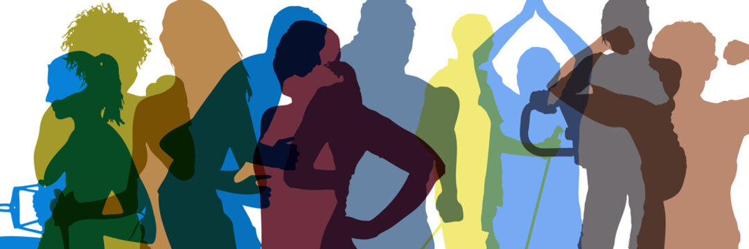 Collage aus Silhouetten von Menschen vieler Generationen bei Sport und Bewegung