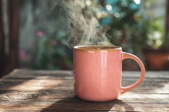 Cozy coffee moment featuring a coral-toned ceramic mug with rising steam on a rustic wooden table in a warm breakfast setting
