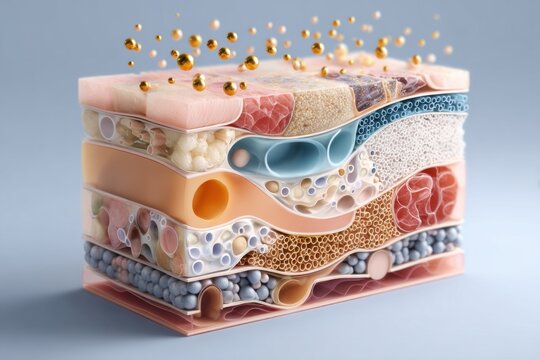 Scientific skincare illustration showing a layered skin cross-section with cellular renewal activity and polynucleotide-based treatment elements