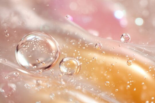 Close-up beauty texture featuring glossy serum droplets, tiny bubbles, and a futuristic polynucleotide-inspired skincare concept