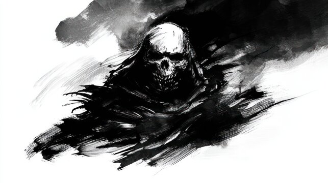 Ink illustration of a grim skull in a dark cloak monochrome art