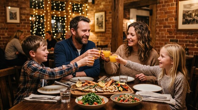 Family having dinner together in restaurant. Happy man, woman, boy and girl toasting with orange juice.