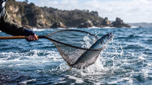 Fisherman catching mackerel in net from ocean. Man using landing net to secure fish jumping out of sea water.