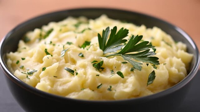 Creamy mashed potatoes rotating on wooden table