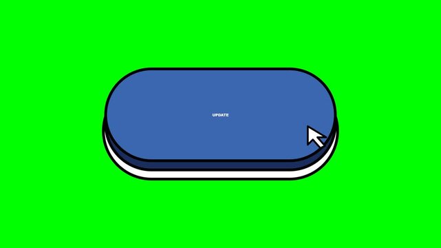 Blue isometric button being clicked by a cursor arrow on a vivid green chroma key background for digital interfaces.