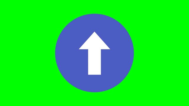 Arrow pointing upward enclosed within a circular blue frame sits upon a bright green background representing progress or growth in digital presentation graphics.