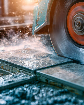 Wet tile saw cutting through ceramic tile with water spray and sunlight backlight