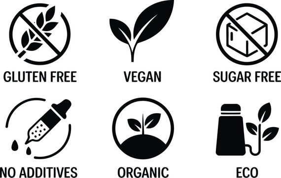 Food label icon featuring gluten free, vegan, non GMO, sugar free, organic, eco, and editable black solid vector illustration.