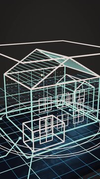 Transparent smart home framework rotates above a connected grid, exposing rooms and data routes in a precise cinematic 3D scene for real estate technology campaigns.