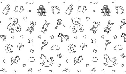Seamless pattern with cute baby toys and nursery elements in black and white hand drawn doodle style