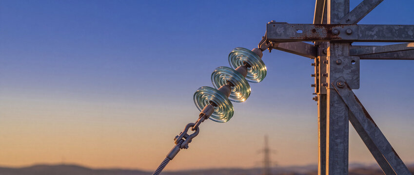 Glass insulator on electrical transmission pylon against a clear sunset sky, showing metallic hardware, high voltage cable connection, and power grid energy distribution concept
