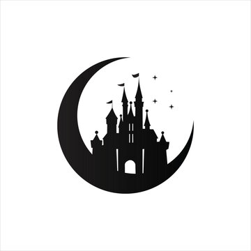 Fantasy castle silhouette inside crescent moon with stars, symbolizing magic, dreams, fairy tales, and night sky. Perfect for storybook themes, mystical branding, children&rsquo;s illustration.