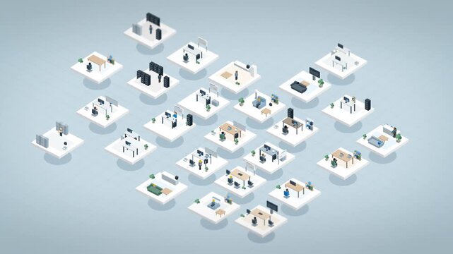 Distributed offices and server rooms link across an isometric grid, illustrating hybrid collaboration in a clean 3D style for corporate presentations and tech ads.