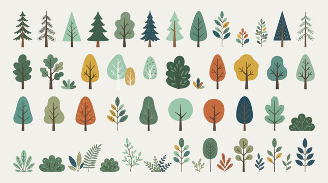 A diverse collection of stylized flat design trees, bushes, and plants in various shapes and colors, suitable for graphic resources.