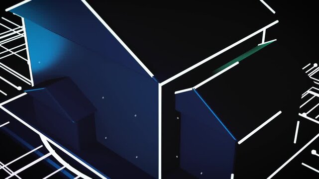 Connected homes pass through glowing circuitry in a dark cinematic close-up, suggesting secure digital neighborhoods for property, energy and technology marketing.