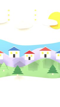 Playful winter village slides beneath a glowing moon and stars, blending snowy hills, homes and trees in a cheerful 3D scene for seasonal social media advertising.