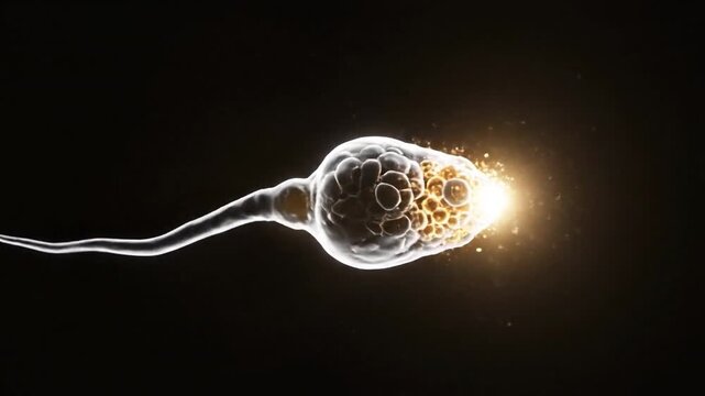 Microscopic view of a sperm cell with an enzyme activated golden tip swimming in dark space