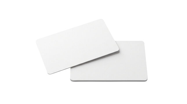 Blank white plastic cards for ID and security access, two plain credit card mockups, professional membership and loyalty card template isolated PNG with Transparent Background