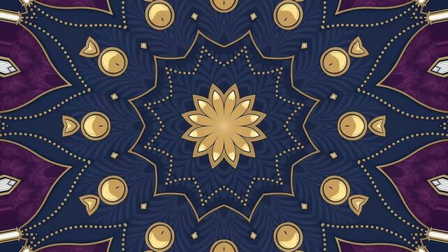 Elegant dark navy blue and gold star mandala ornament with glowing dots for luxury decorative backdrop design