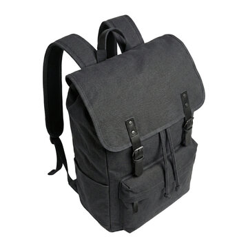 Dark Grey Canvas Rucksack with Black Leather Straps Isolated on White Background