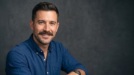 Obraz premium Man with mustache and blue shirt smiling confidently against a dark background