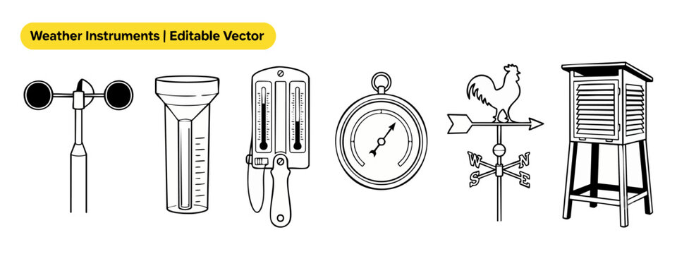 Weather instrument icon vector set featuring anemometer rain gauge thermometer barometer weather vane and stevenson shelter line art graphic for meteorology science education design collection