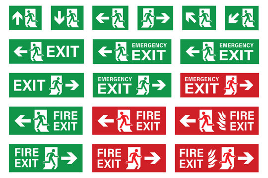 Exit vector emergency exit sign and fire escape point with green arrows for safety evacuation and exited in dander illustration set isolated on white background