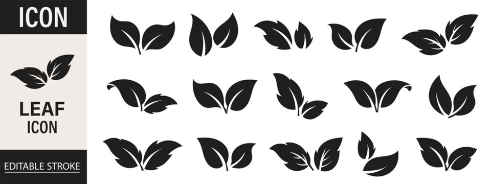 Leaf sprout icon vector set, green leaves plant eco logo symbol simple graphic illustration set, vegan fresh herb pictogram shape sign, organic natural healthy logotype eps 10