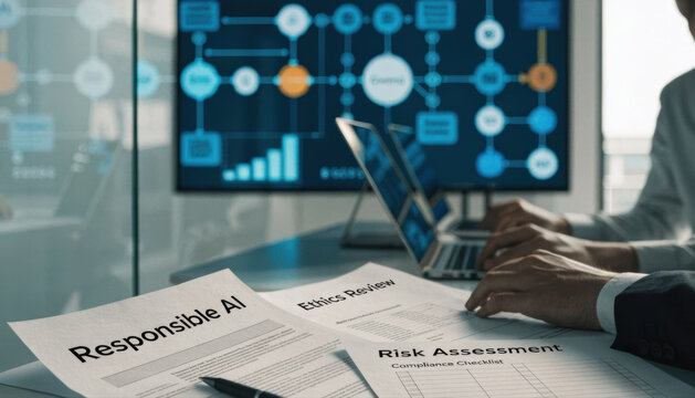 Responsible ai ethics review risk assessment compliance checklist business meeting laptop computer data chart office desk corporate document technology concept Responsible ai ethics review risk